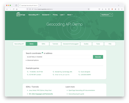 "Our geocoding API demo page in new look and feel"