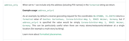 "Screenshot of OpenCage geocoding API docs for address_only optional parameter"