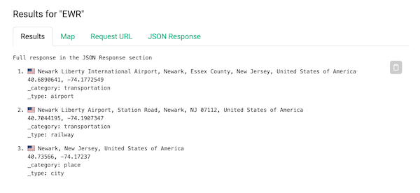 'Screenshot of the OpenCage geocoding API demo page with a search for EWR'
