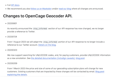 "Screenshot of the OpenCage geocoding API change log"