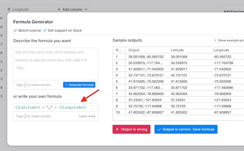 "Screenshot from the tutorial of how to use the OpenCage geocoding API in Clay"