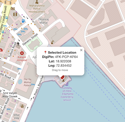 "Screenshot of a map showing the DIGIPIN of the Gateway of India in Mumbai"