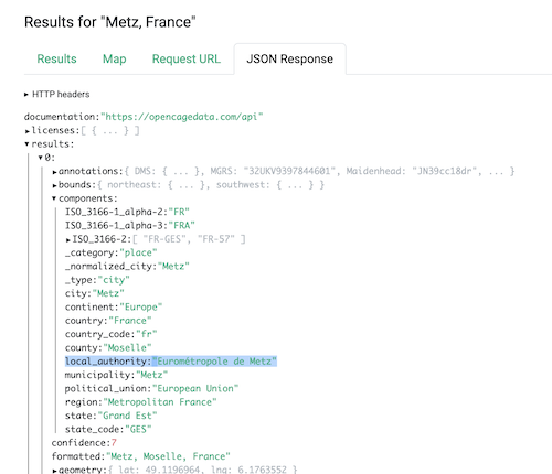 "Example from the OpenCage demo page of local_authority set for a French result"