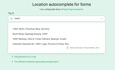 "Screenshot of the OpenCage geosearch demo page showing a postcode search for 10437"