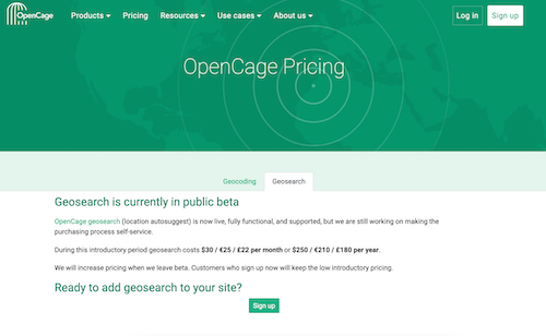 "OpenCage Geosearch beta pricing page screenshot"