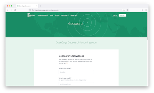 "OpenCage Geosearch early access list screenshot"