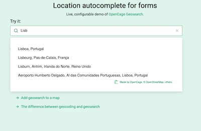 "Screenshot of the OpenCage geosearch demo page showing a Portuguese result"