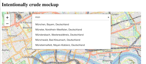 "Alpha mockup of OpenCage Geosearch on a leaflet map"