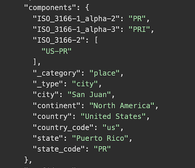 "JSON response for geocoding API request for San Juan, Peurto Rico"