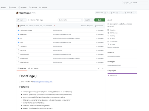 "Julia SDK for the OpenCage geocoding API by Rome Stone"