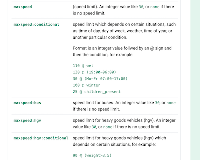 'Screenshot of the OpenCage geocoding API documentation explaining the new "maxspeed" fields'