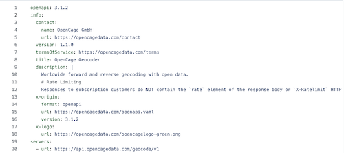 "Screenshot of the OpenCage Geocoding API OpenAPI file"