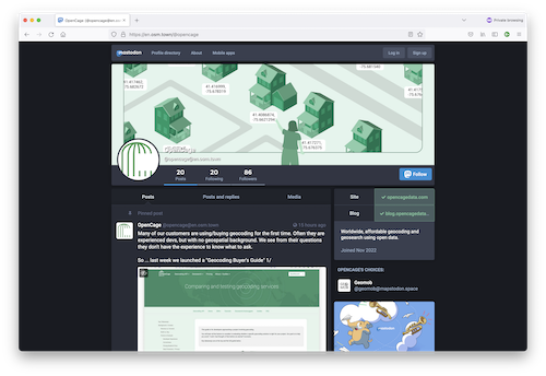 "OpenCage profile page on Mastodon"