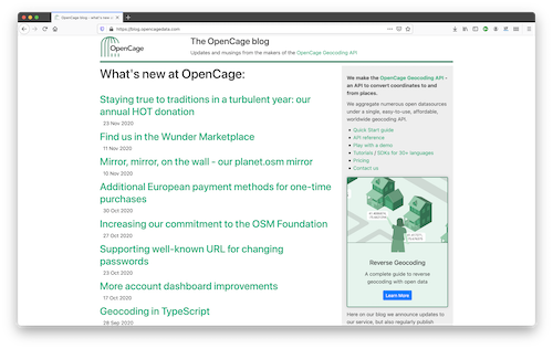 OpenCage blog, old design