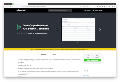 "Splunk OpenCage Geocoder API Search Command"