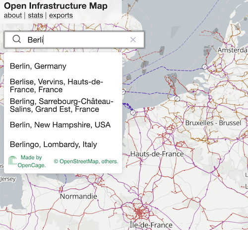 Screenshot of OpenInfraMap with the OpenCage geosearch