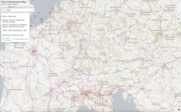 "Screenshot of Open Infrastructure Map showing the OpenCage geosearch box in upper left."