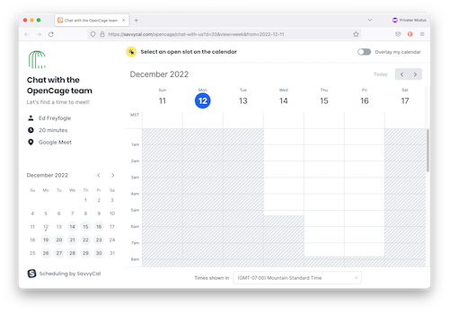 "Screenshot of SavvyCal interface to schedule a call with the OpenCage team"