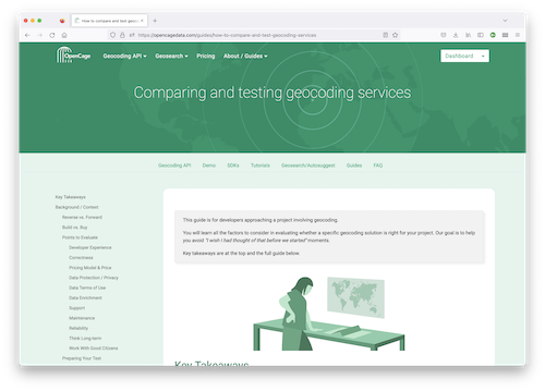 "Screenshot of the OpenCage guide to comparing and testing and geocoding services"