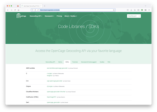 "OpenCage geocoding API SDKs"
