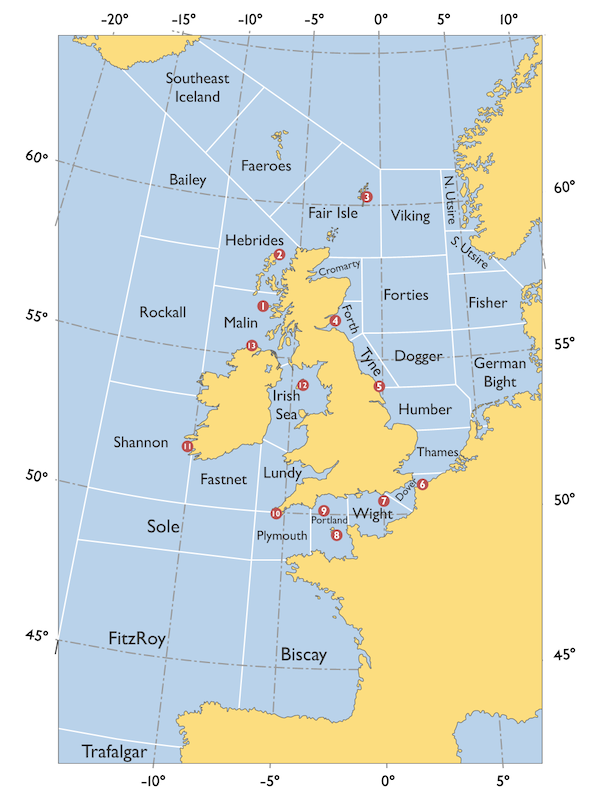 "Map showing the shipping forecast sea areas"