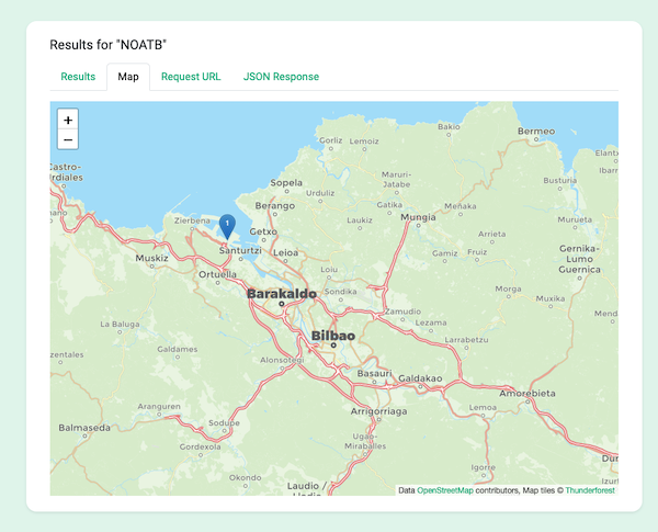 'Screenshot of the map view OpenCage geocoding API demo page with a search for "NOATB"'