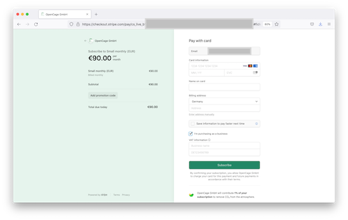 "OpenCage GmbH Stripe checkout page"