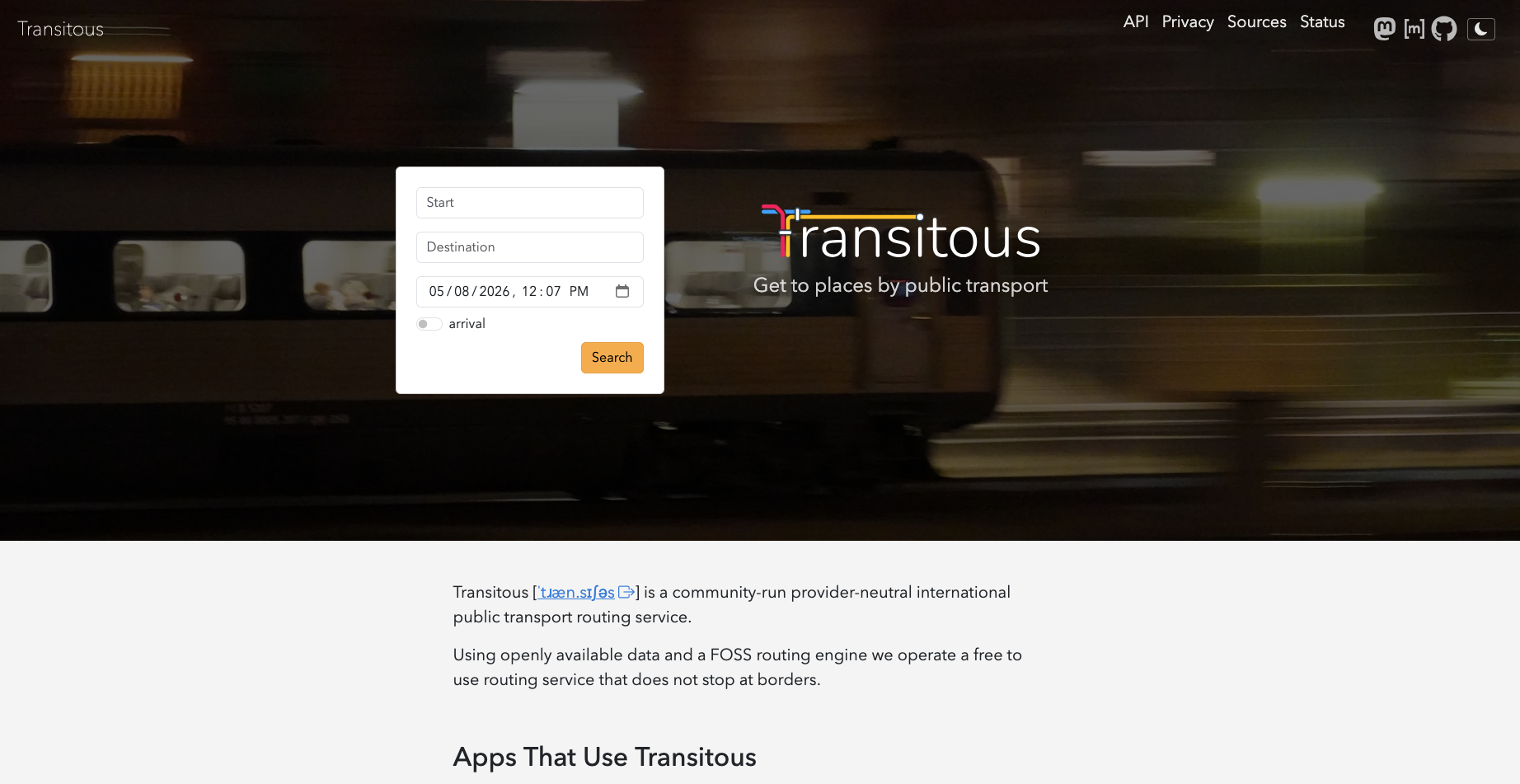 Screenshot of the Transitous website