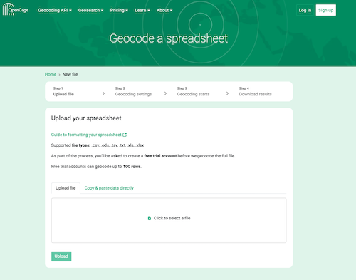 "Screenshot of the first page of the OpenCage spreadsheet geocoding process"