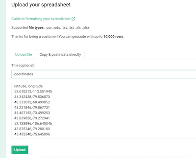 "Screenshot of the cut and paste functionality within spreadsheet geocoding"