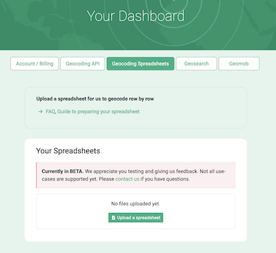 "OpenCage account dashboard showing thespreadsheets geocoding tab"