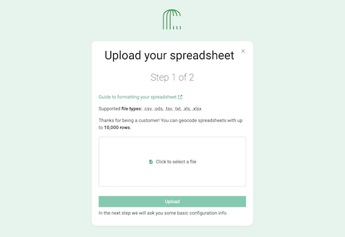 "OpenCage spreadsheet upload first screen "